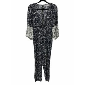 Apiece Apart Jumpsuit Womens 0 Meru Blue White Floral Plunging Puff Sleeve